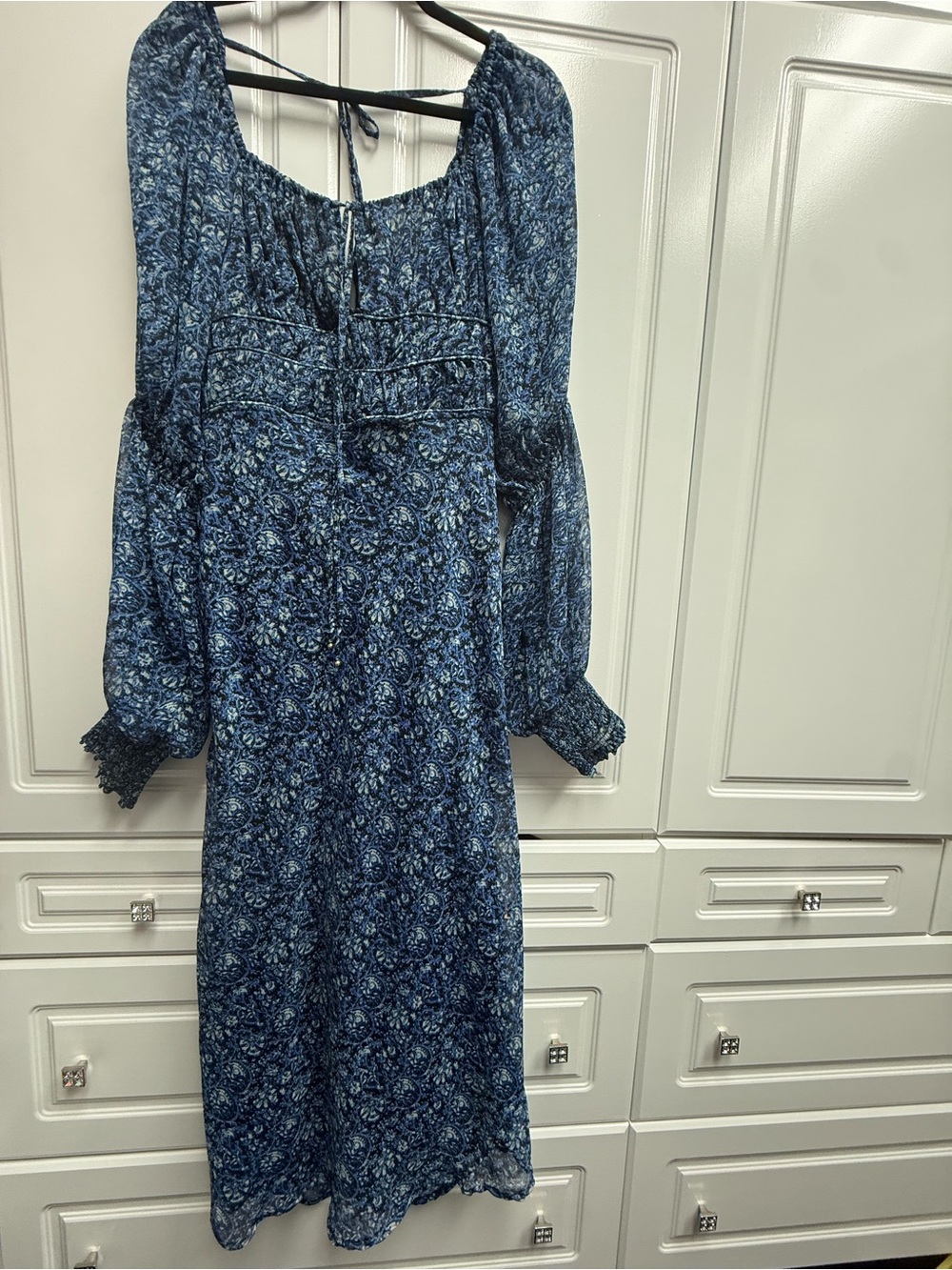 Free People Blue Floral Midi Dress with Smocked Bodice